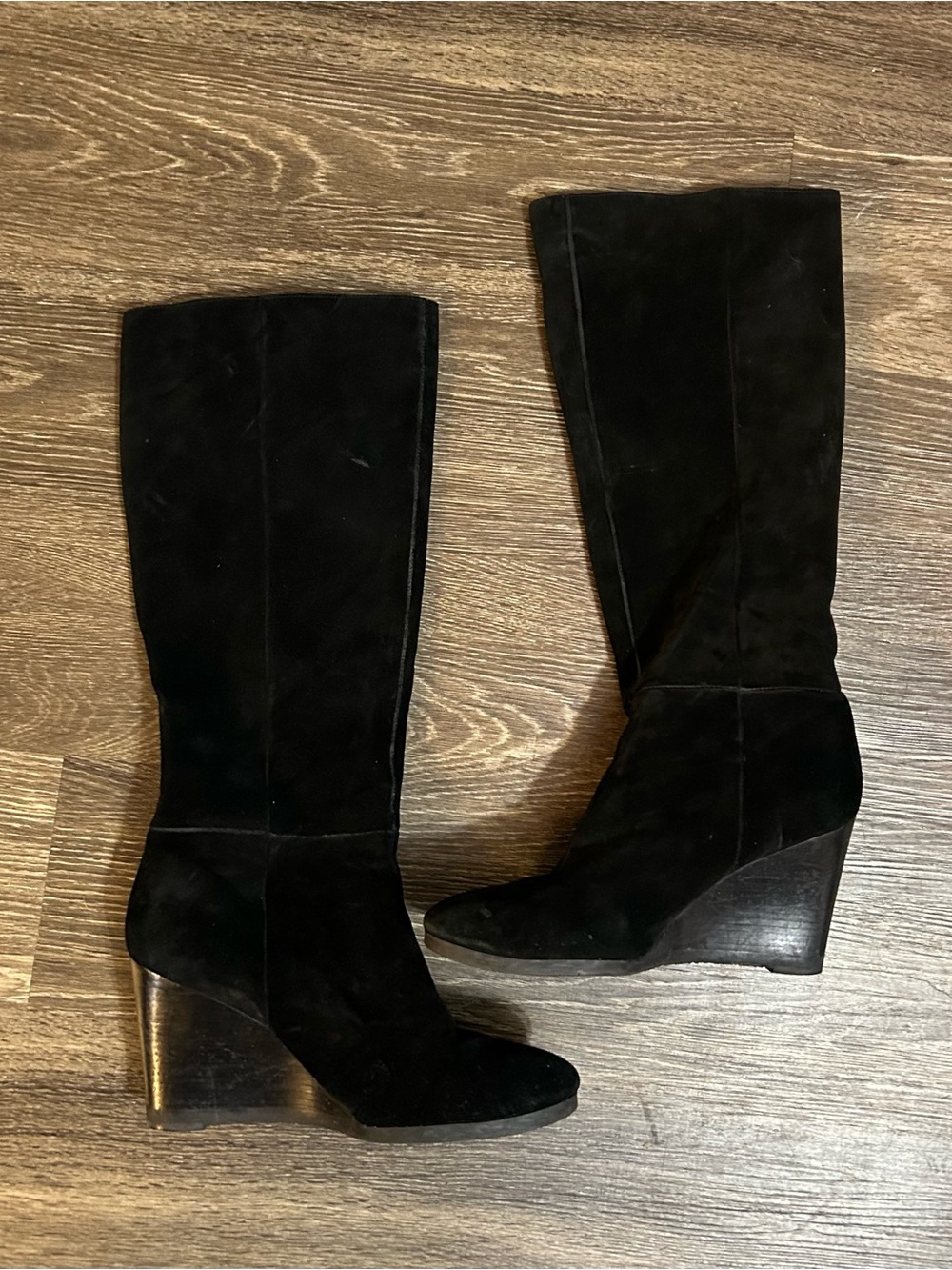 Franco Sarto Watch Black Suede Wedge Knee-High Boots Size 10 Minimalist